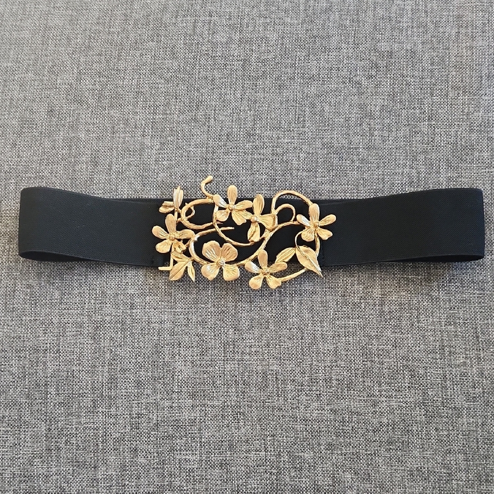 Zara Black Belt with Gold Floral Accent
